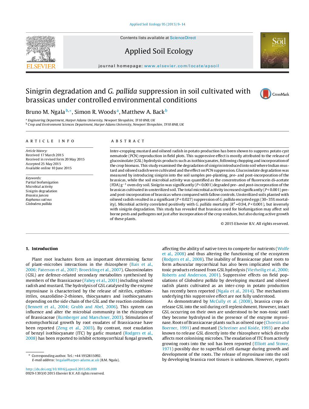 Sinigrin degradation and G. pallida suppression in soil cultivated with brassicas under controlled environmental conditions