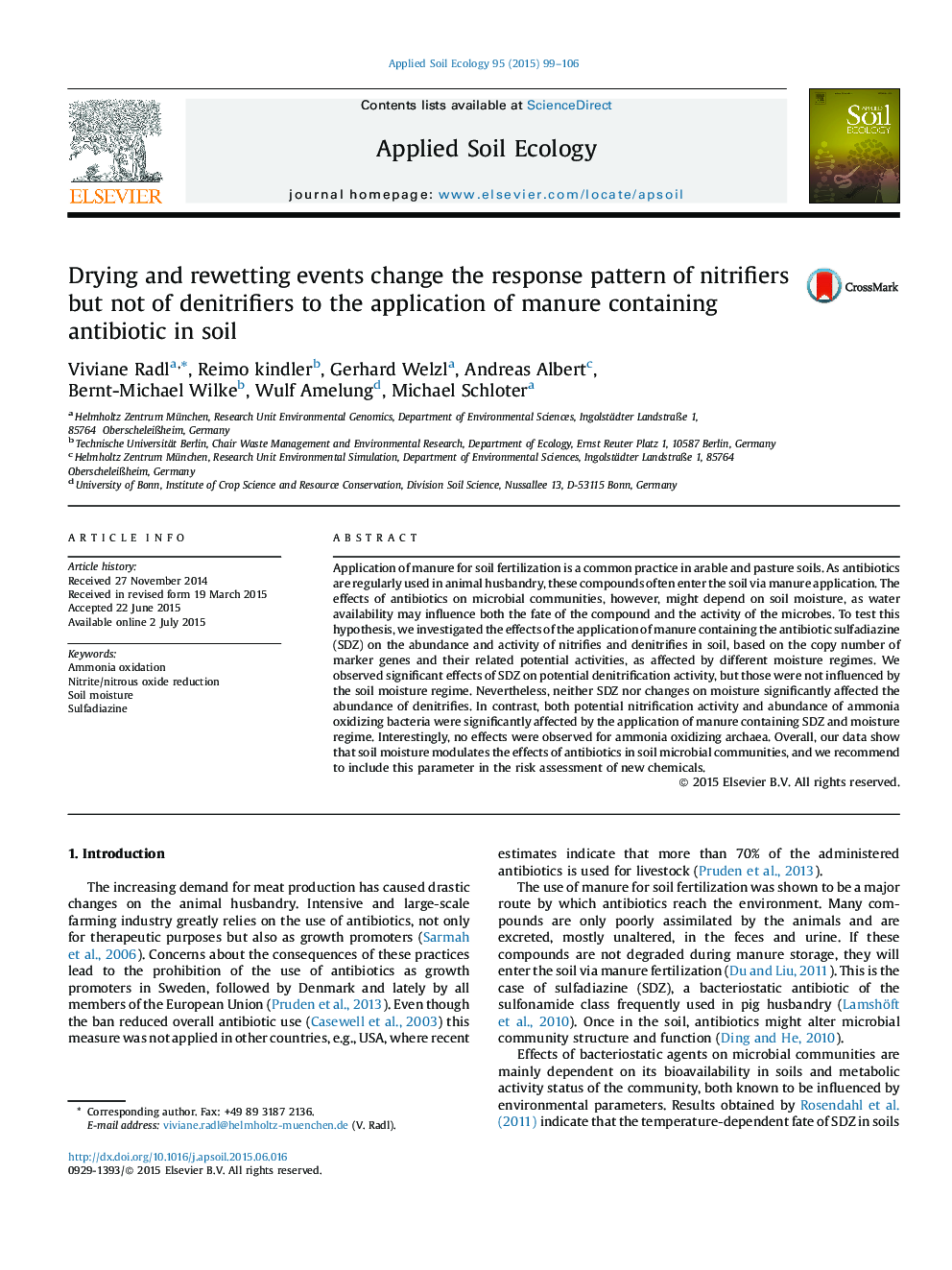 Drying and rewetting events change the response pattern of nitrifiers but not of denitrifiers to the application of manure containing antibiotic in soil