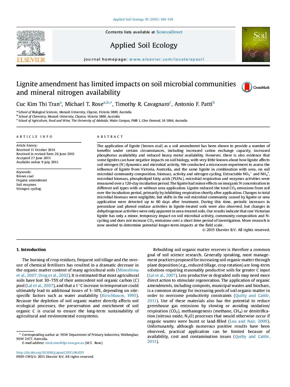 Lignite amendment has limited impacts on soil microbial communities and mineral nitrogen availability