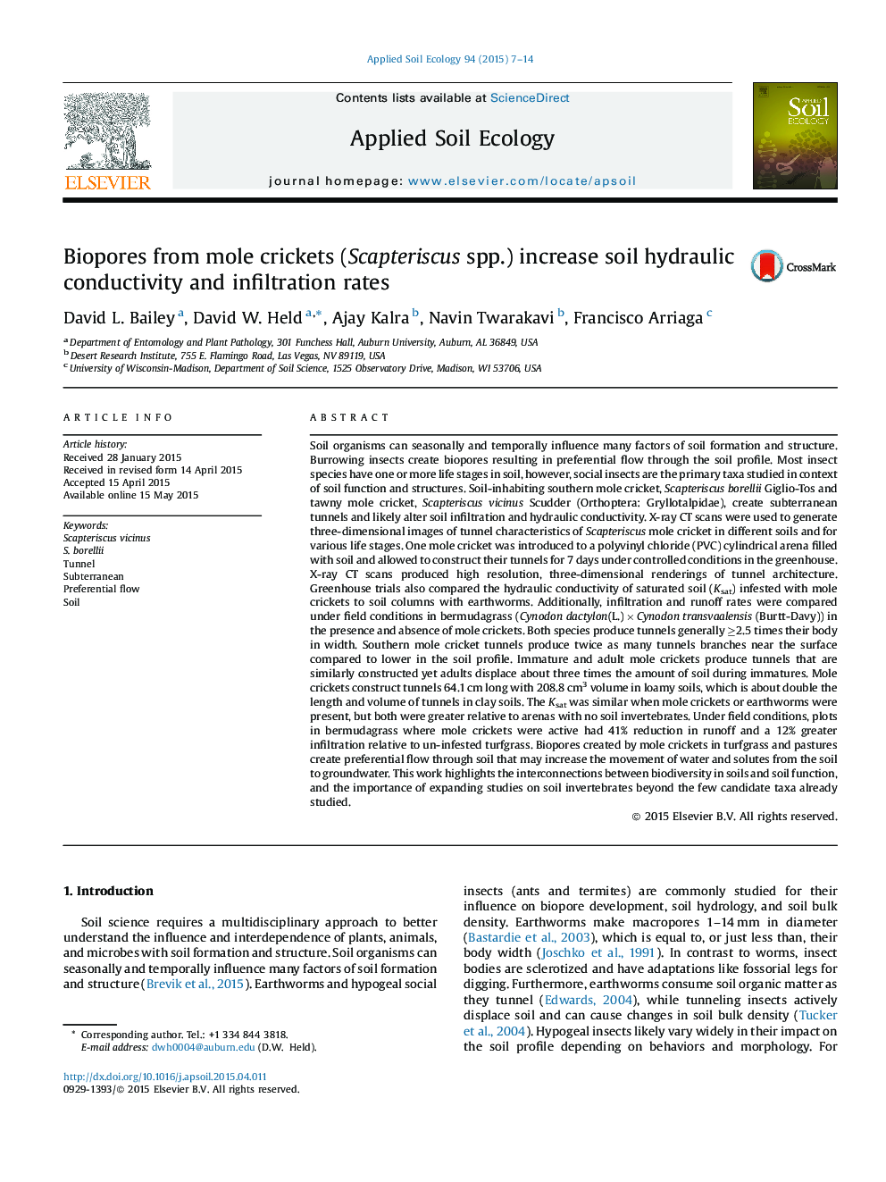 Biopores from mole crickets (Scapteriscus spp.) increase soil hydraulic conductivity and infiltration rates