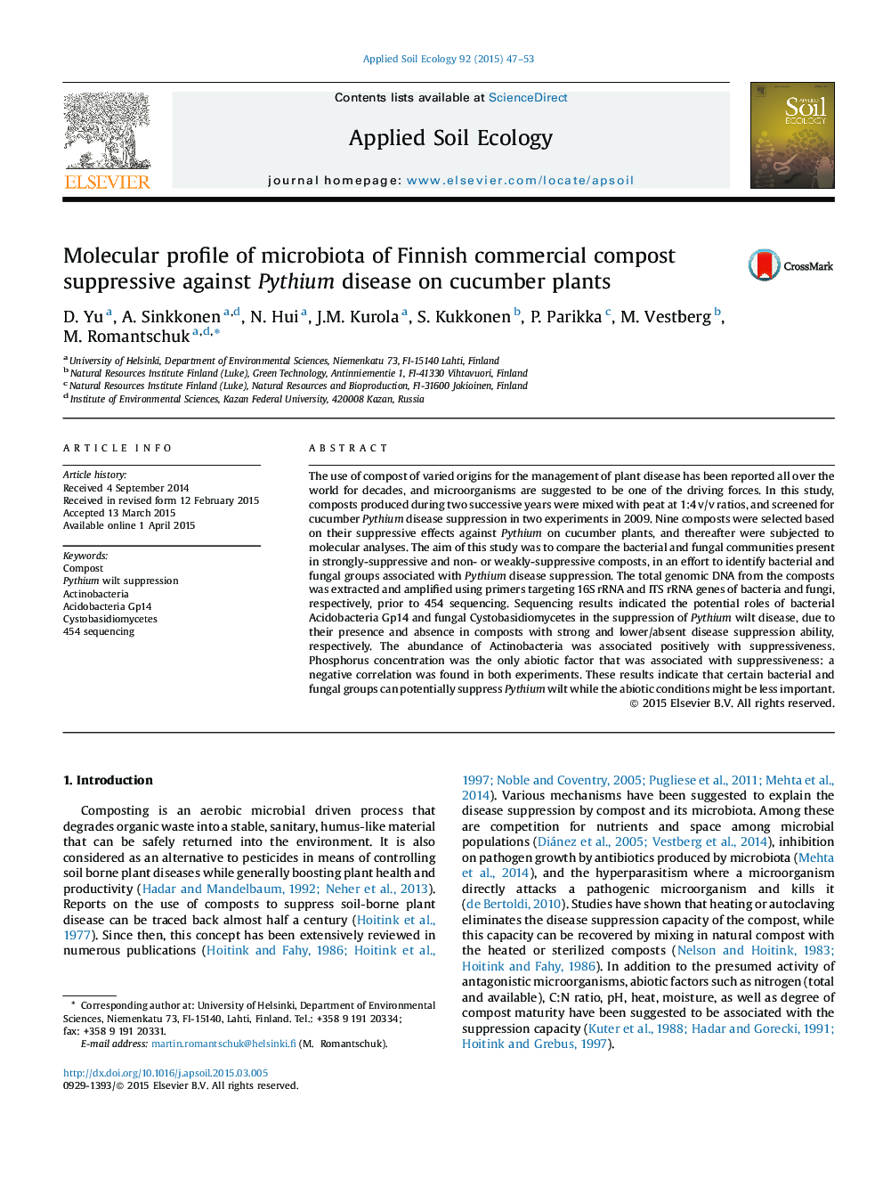 Molecular profile of microbiota of Finnish commercial compost suppressive against Pythium disease on cucumber plants