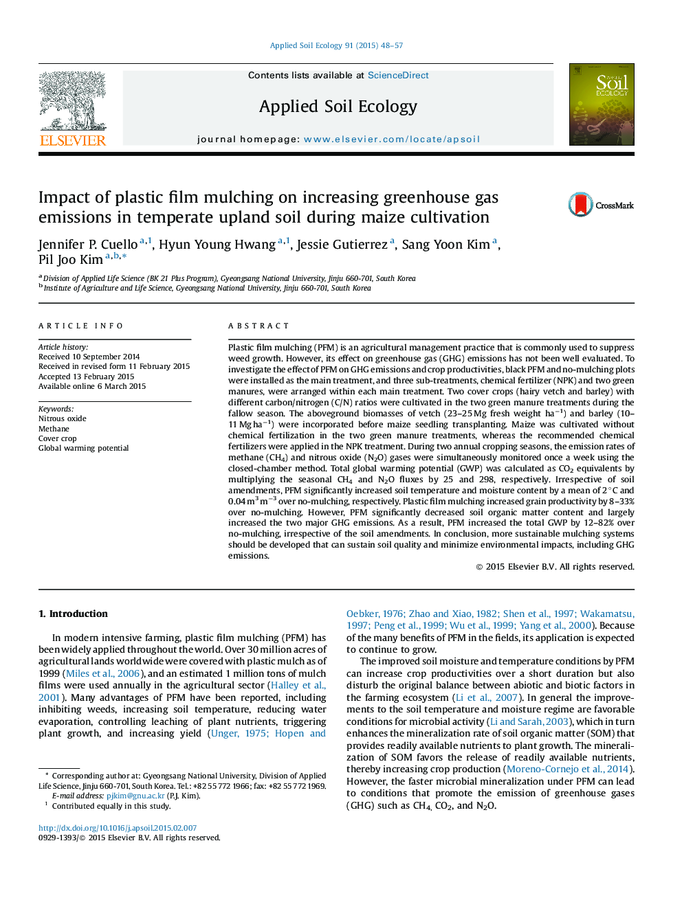 Impact of plastic film mulching on increasing greenhouse gas emissions in temperate upland soil during maize cultivation
