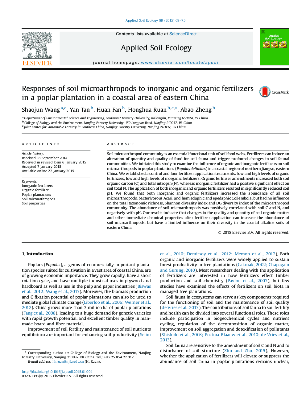Responses of soil microarthropods to inorganic and organic fertilizers in a poplar plantation in a coastal area of eastern China