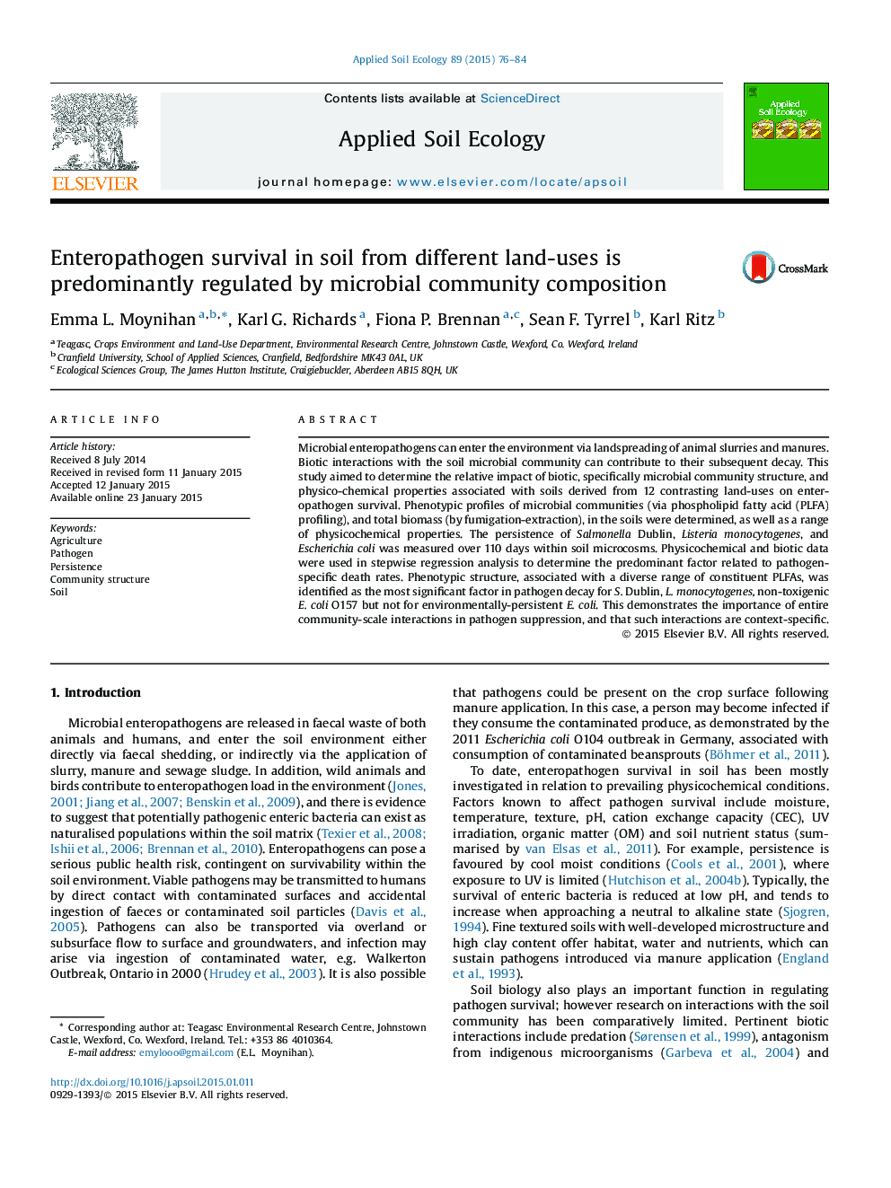 Enteropathogen survival in soil from different land-uses is predominantly regulated by microbial community composition