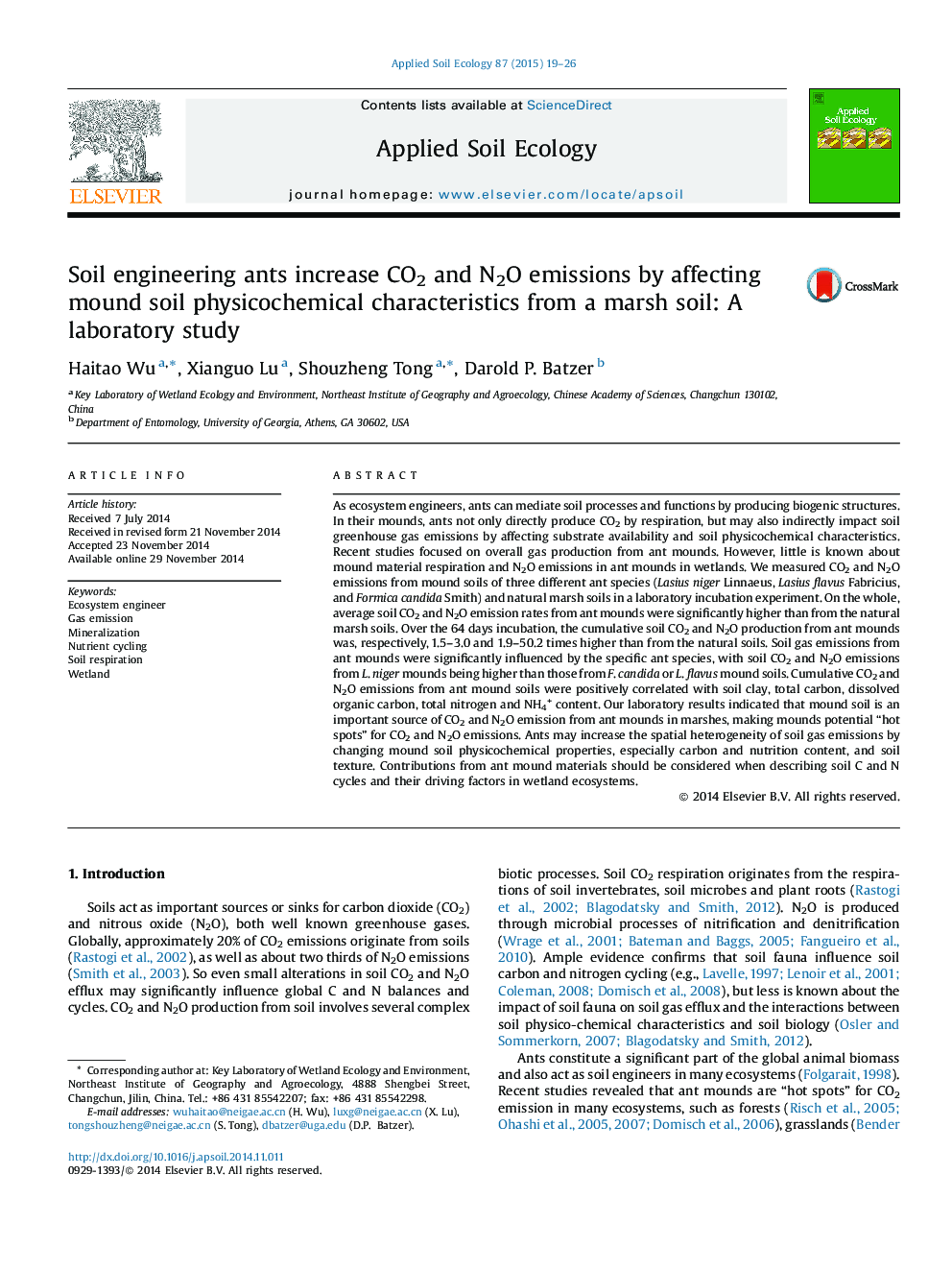 Soil engineering ants increase CO2 and N2O emissions by affecting mound soil physicochemical characteristics from a marsh soil: A laboratory study