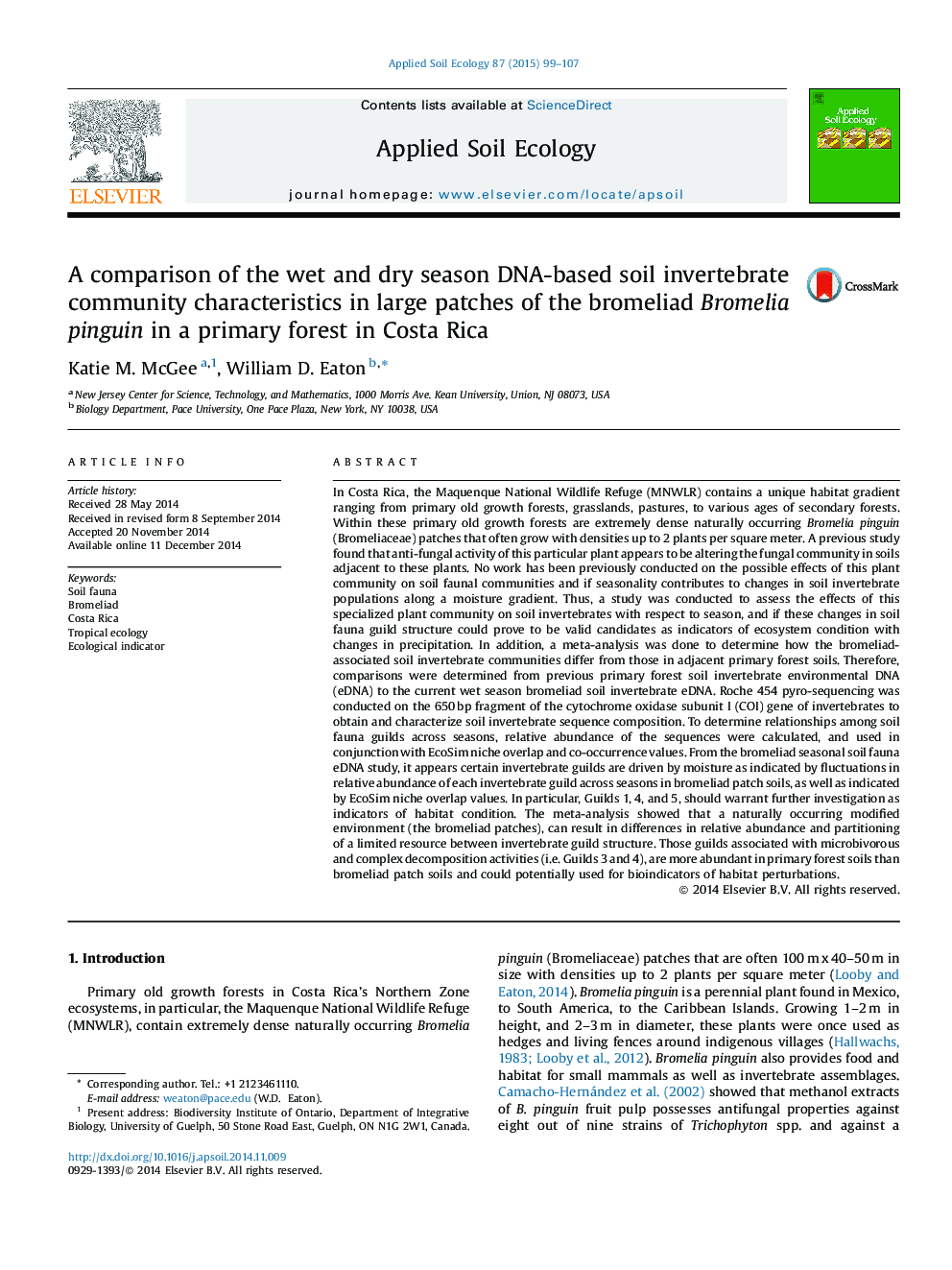 A comparison of the wet and dry season DNA-based soil invertebrate community characteristics in large patches of the bromeliad Bromelia pinguin in a primary forest in Costa Rica