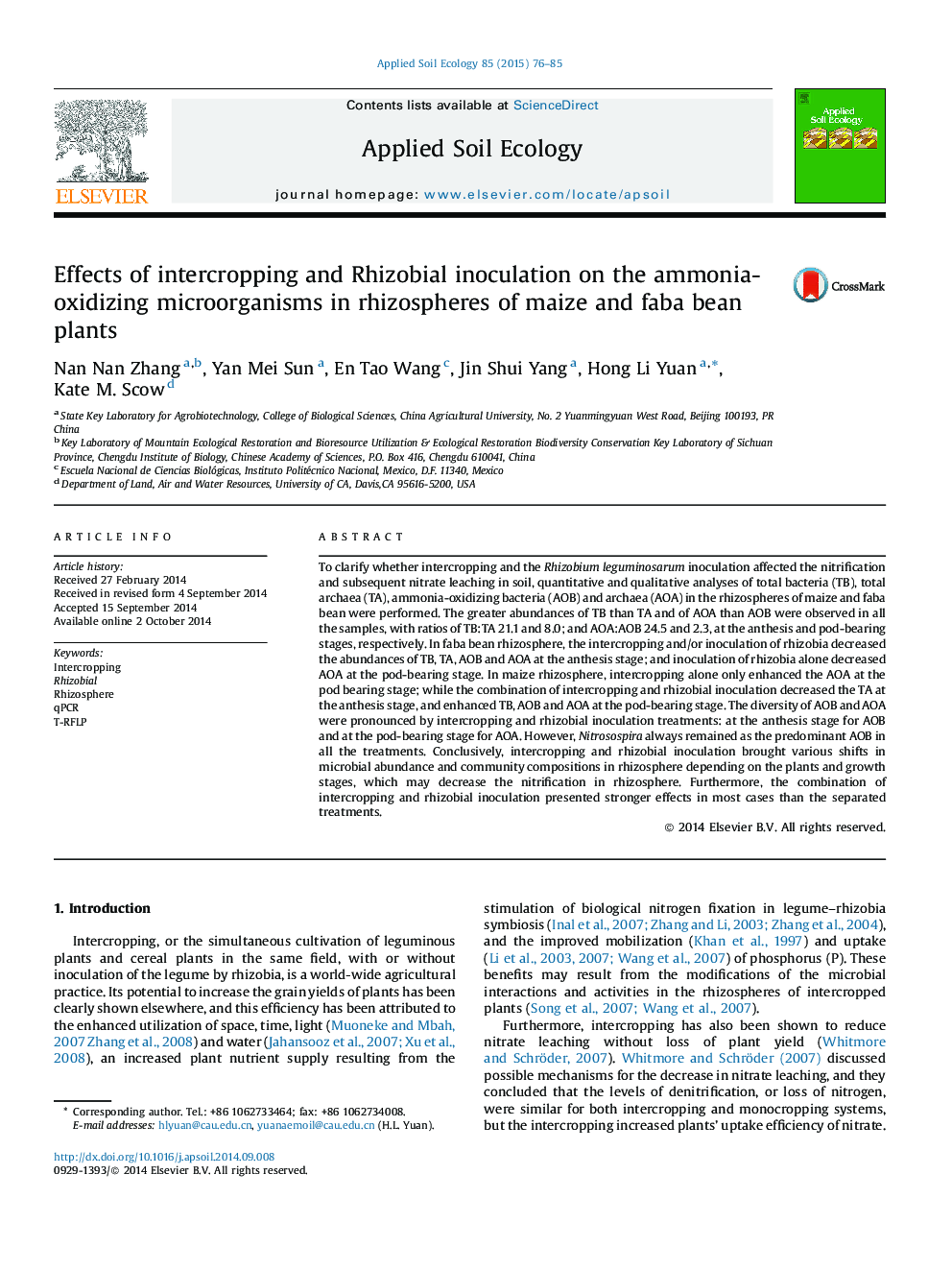 Effects of intercropping and Rhizobial inoculation on the ammonia-oxidizing microorganisms in rhizospheres of maize and faba bean plants