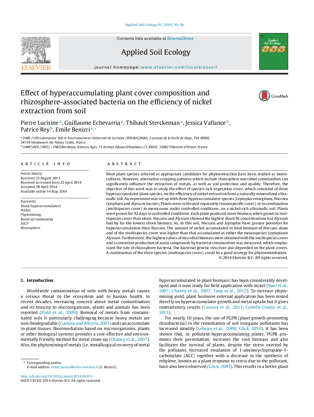 Effect of hyperaccumulating plant cover composition and rhizosphere-associated bacteria on the efficiency of nickel extraction from soil