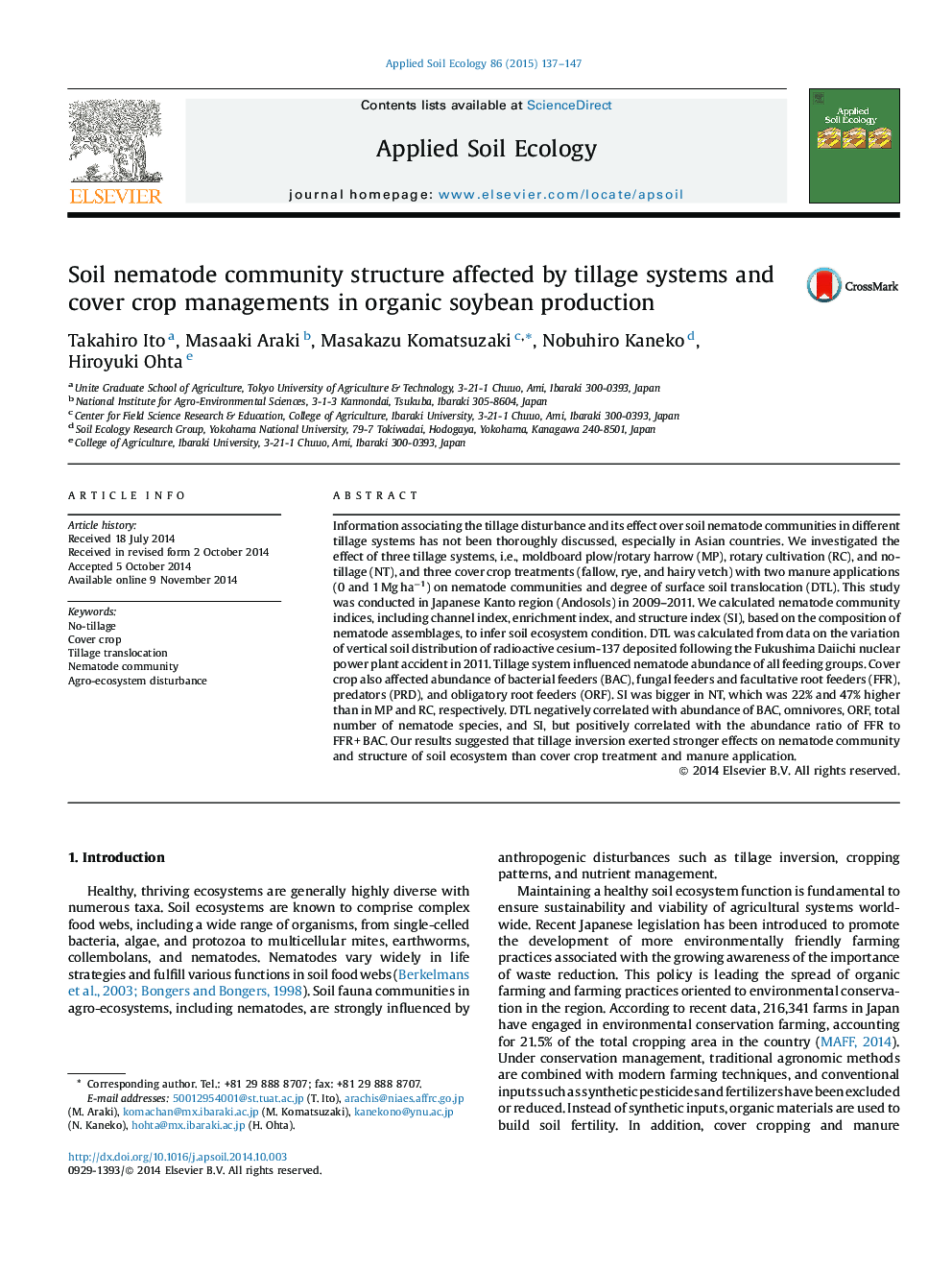 Soil nematode community structure affected by tillage systems and cover crop managements in organic soybean production