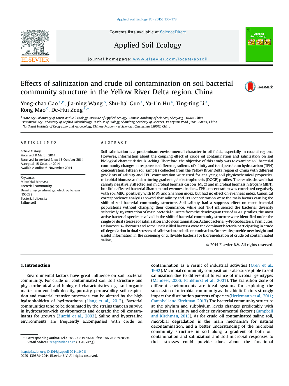 Effects of salinization and crude oil contamination on soil bacterial community structure in the Yellow River Delta region, China