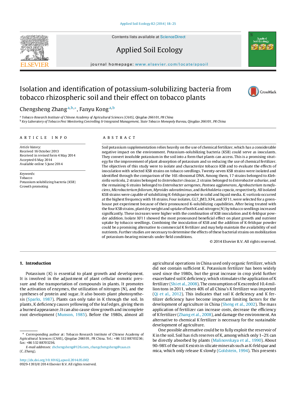 Isolation and identification of potassium-solubilizing bacteria from tobacco rhizospheric soil and their effect on tobacco plants