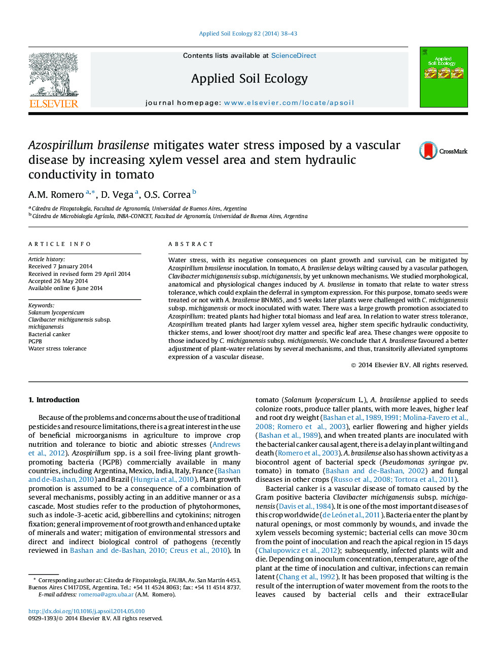 Azospirillum brasilense mitigates water stress imposed by a vascular disease by increasing xylem vessel area and stem hydraulic conductivity in tomato