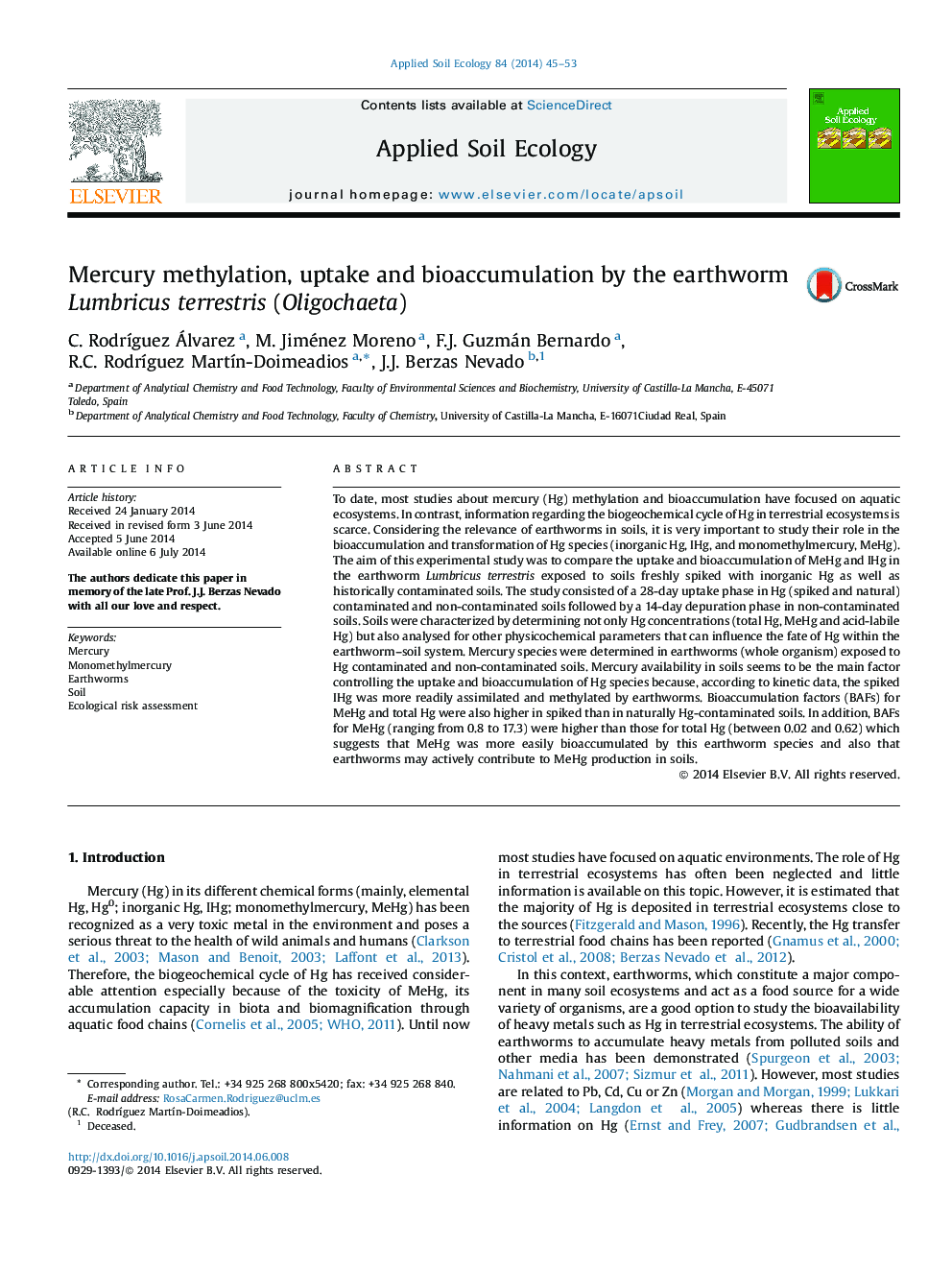 Mercury methylation, uptake and bioaccumulation by the earthworm Lumbricus terrestris (Oligochaeta)