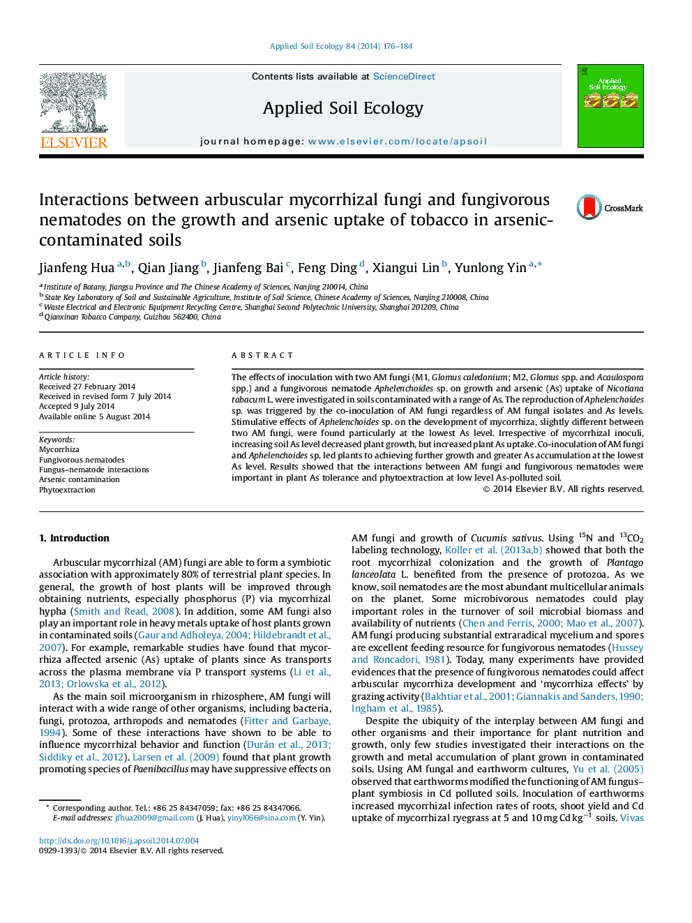 Interactions between arbuscular mycorrhizal fungi and fungivorous nematodes on the growth and arsenic uptake of tobacco in arsenic-contaminated soils