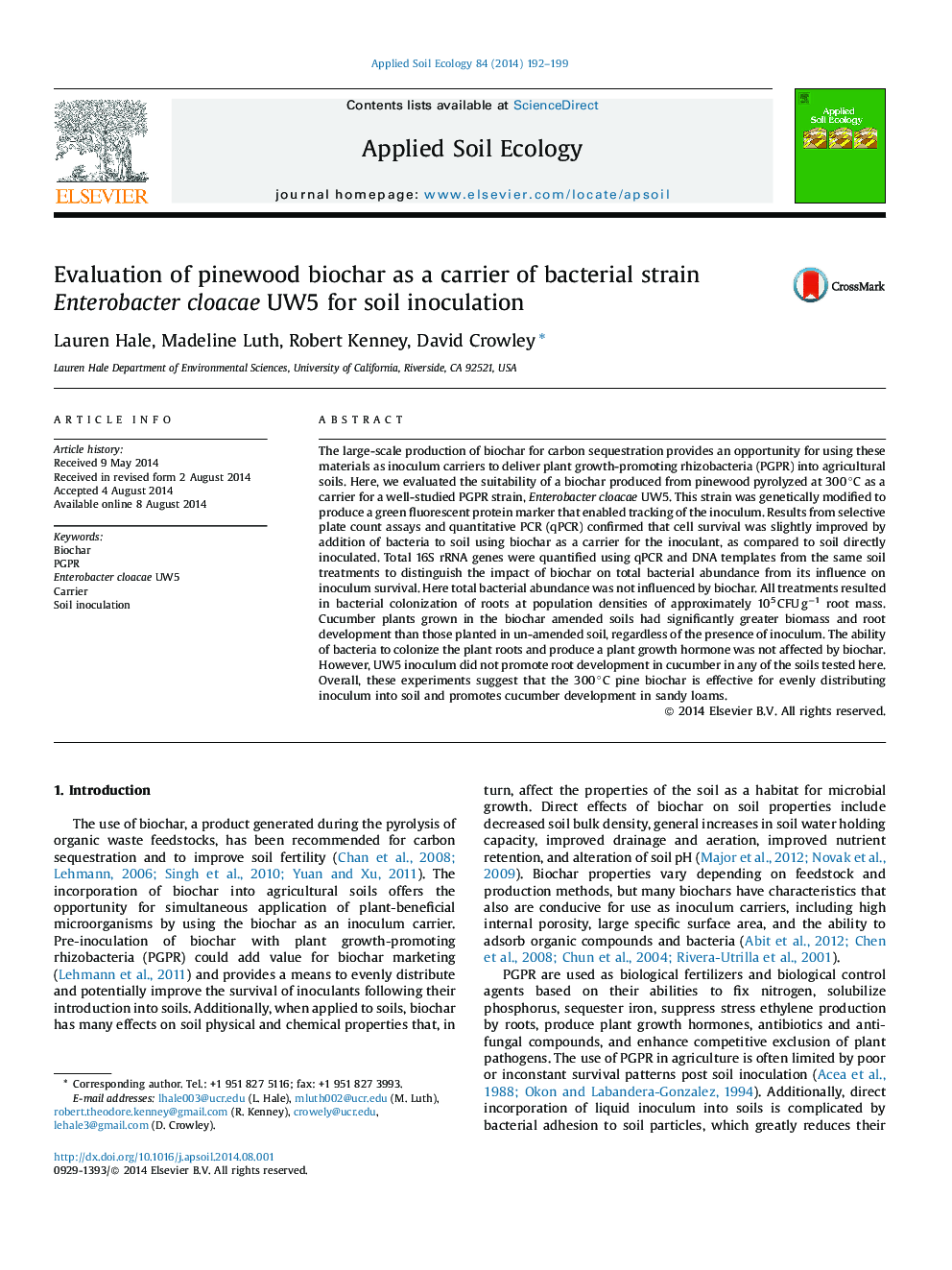 Evaluation of pinewood biochar as a carrier of bacterial strain Enterobacter cloacae UW5 for soil inoculation