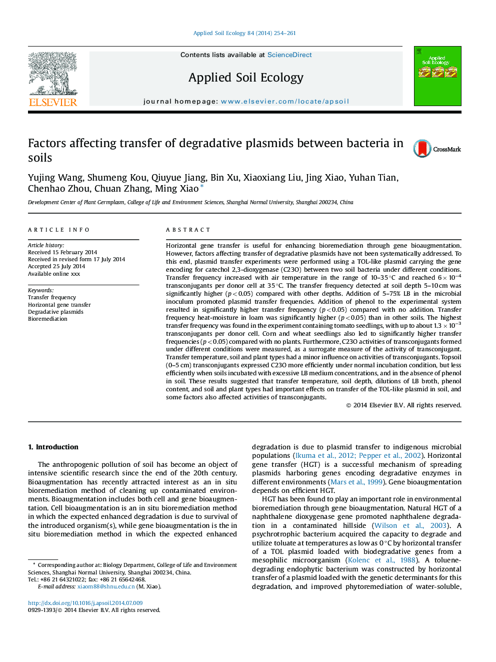 Factors affecting transfer of degradative plasmids between bacteria in soils