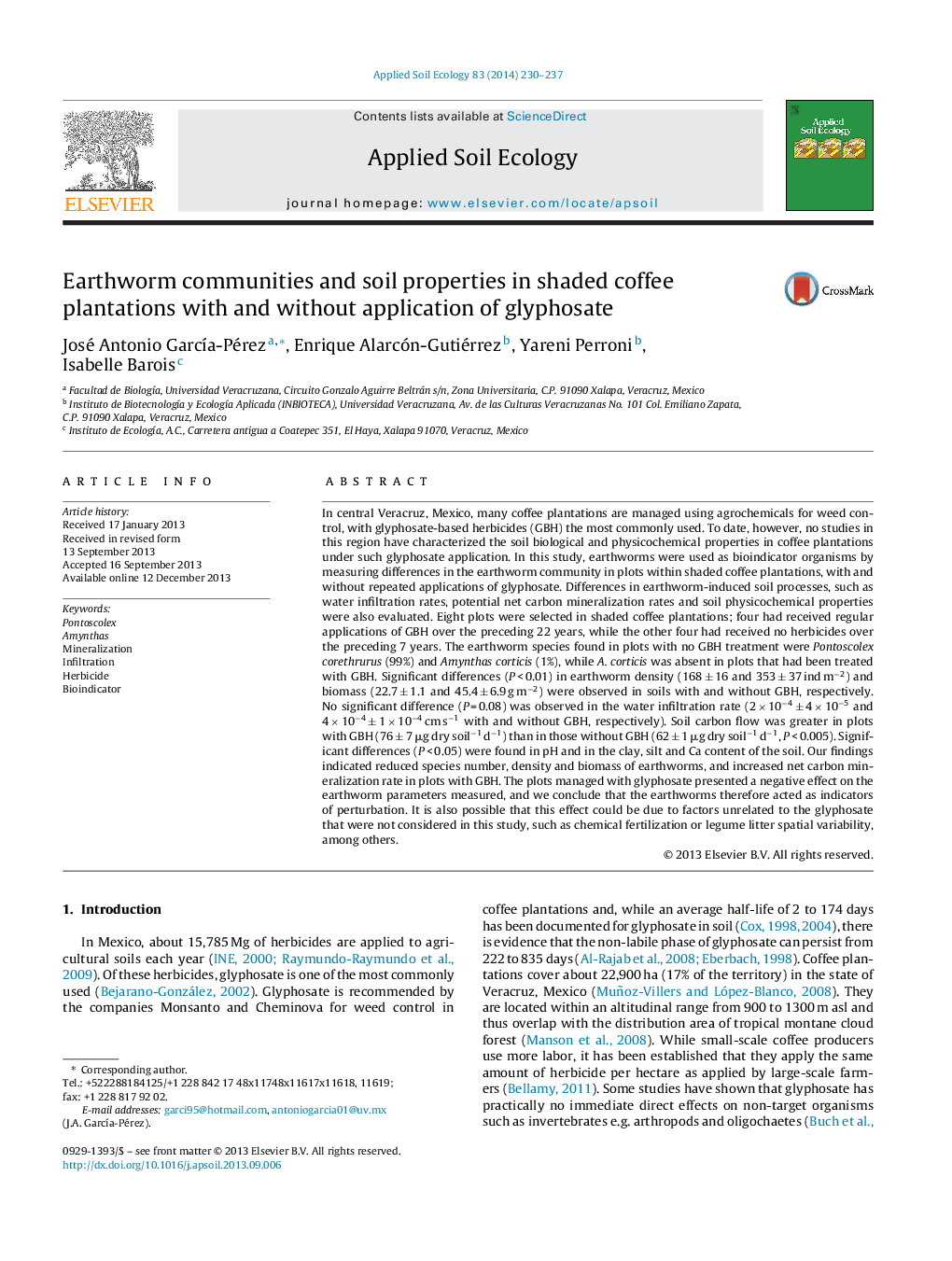 Earthworm communities and soil properties in shaded coffee plantations with and without application of glyphosate