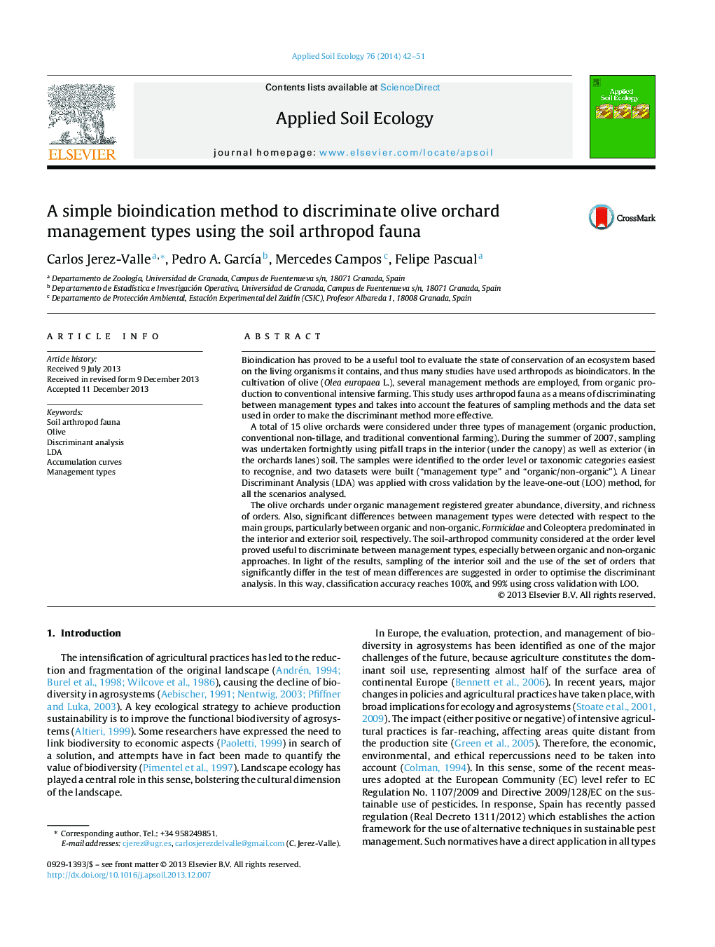 A simple bioindication method to discriminate olive orchard management types using the soil arthropod fauna