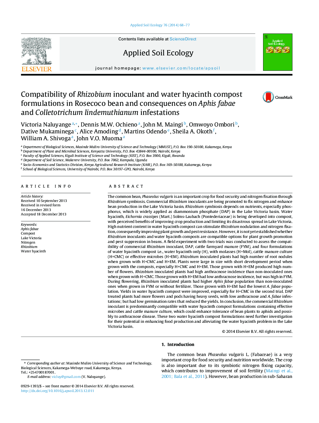 Compatibility of Rhizobium inoculant and water hyacinth compost formulations in Rosecoco bean and consequences on Aphis fabae and Colletotrichum lindemuthianum infestations