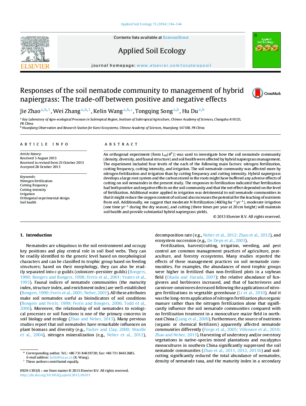 Responses of the soil nematode community to management of hybrid napiergrass: The trade-off between positive and negative effects