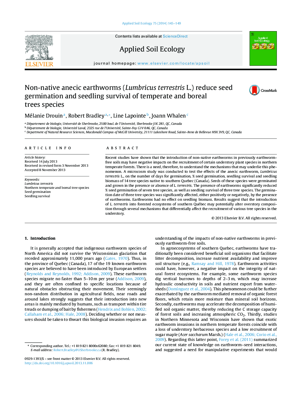 Non-native anecic earthworms (Lumbricus terrestris L.) reduce seed germination and seedling survival of temperate and boreal trees species