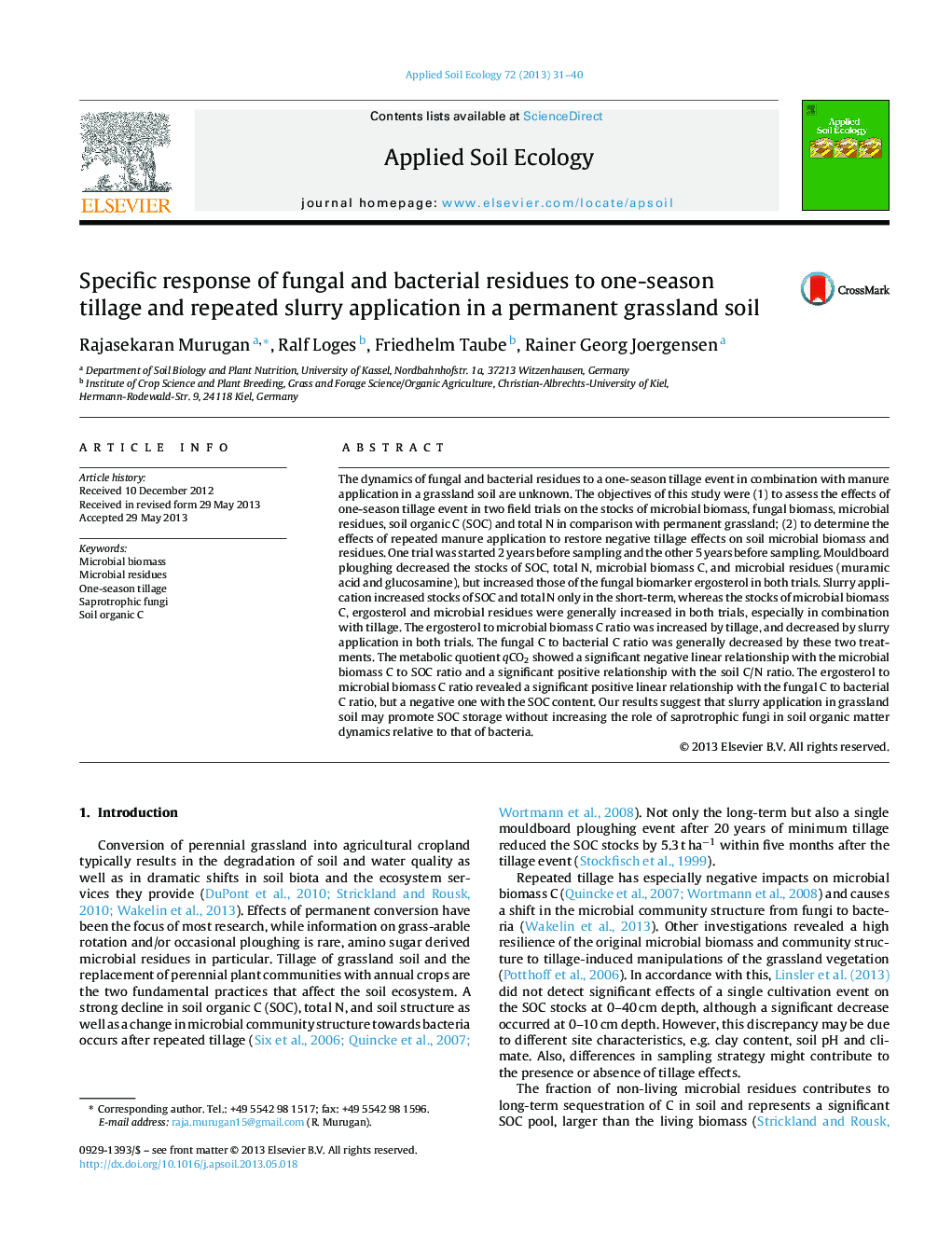 Specific response of fungal and bacterial residues to one-season tillage and repeated slurry application in a permanent grassland soil