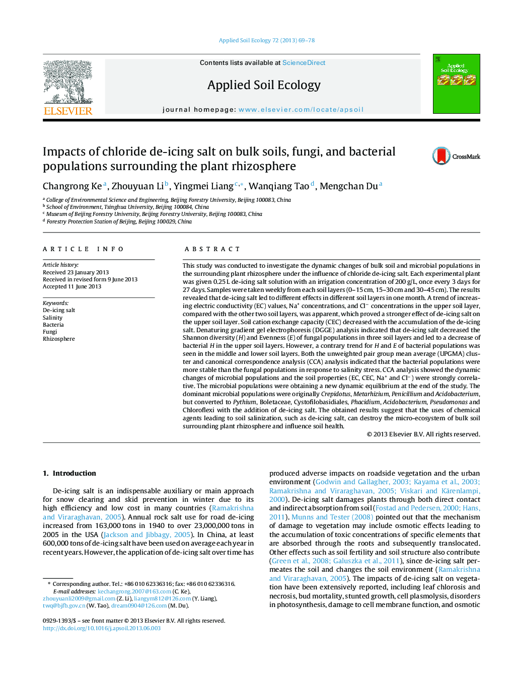 Impacts of chloride de-icing salt on bulk soils, fungi, and bacterial populations surrounding the plant rhizosphere