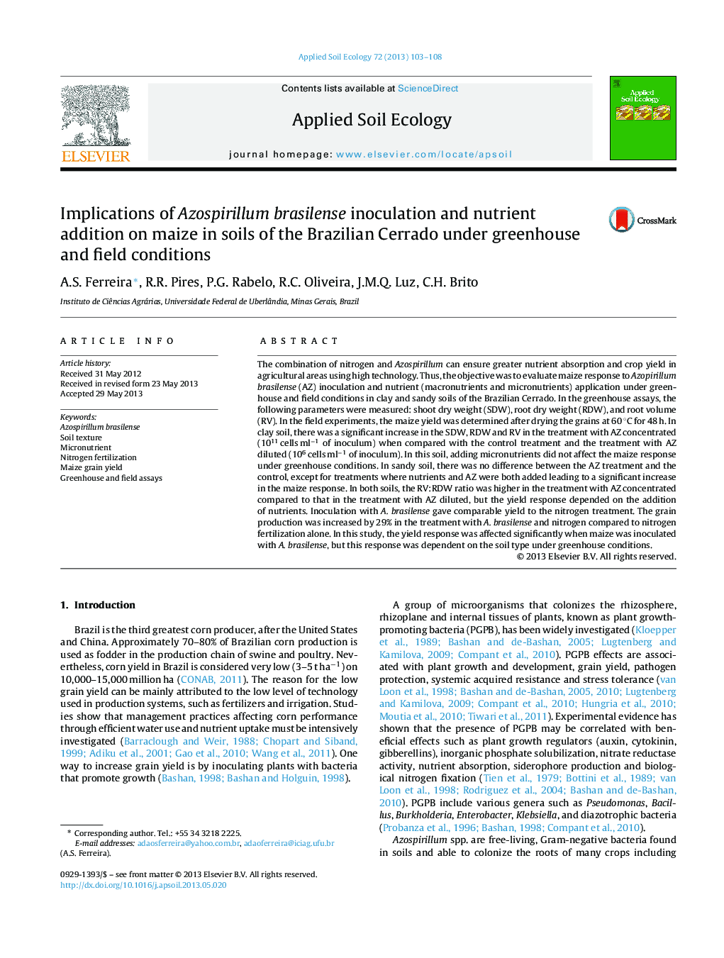 Implications of Azospirillum brasilense inoculation and nutrient addition on maize in soils of the Brazilian Cerrado under greenhouse and field conditions