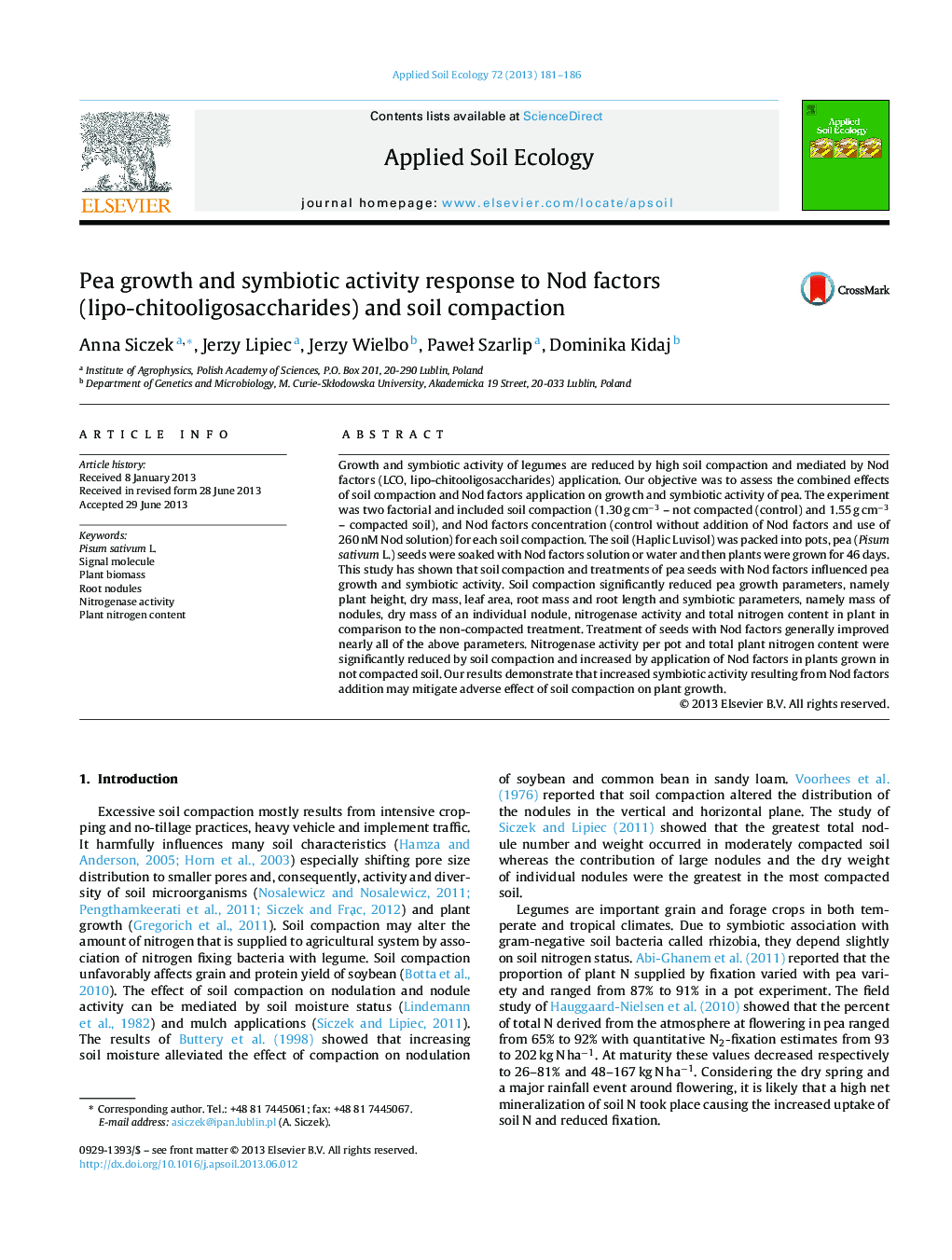 Pea growth and symbiotic activity response to Nod factors (lipo-chitooligosaccharides) and soil compaction