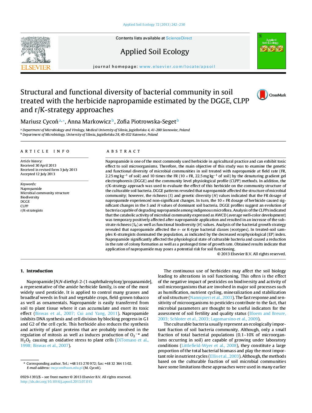 Structural and functional diversity of bacterial community in soil treated with the herbicide napropamide estimated by the DGGE, CLPP and r/K-strategy approaches