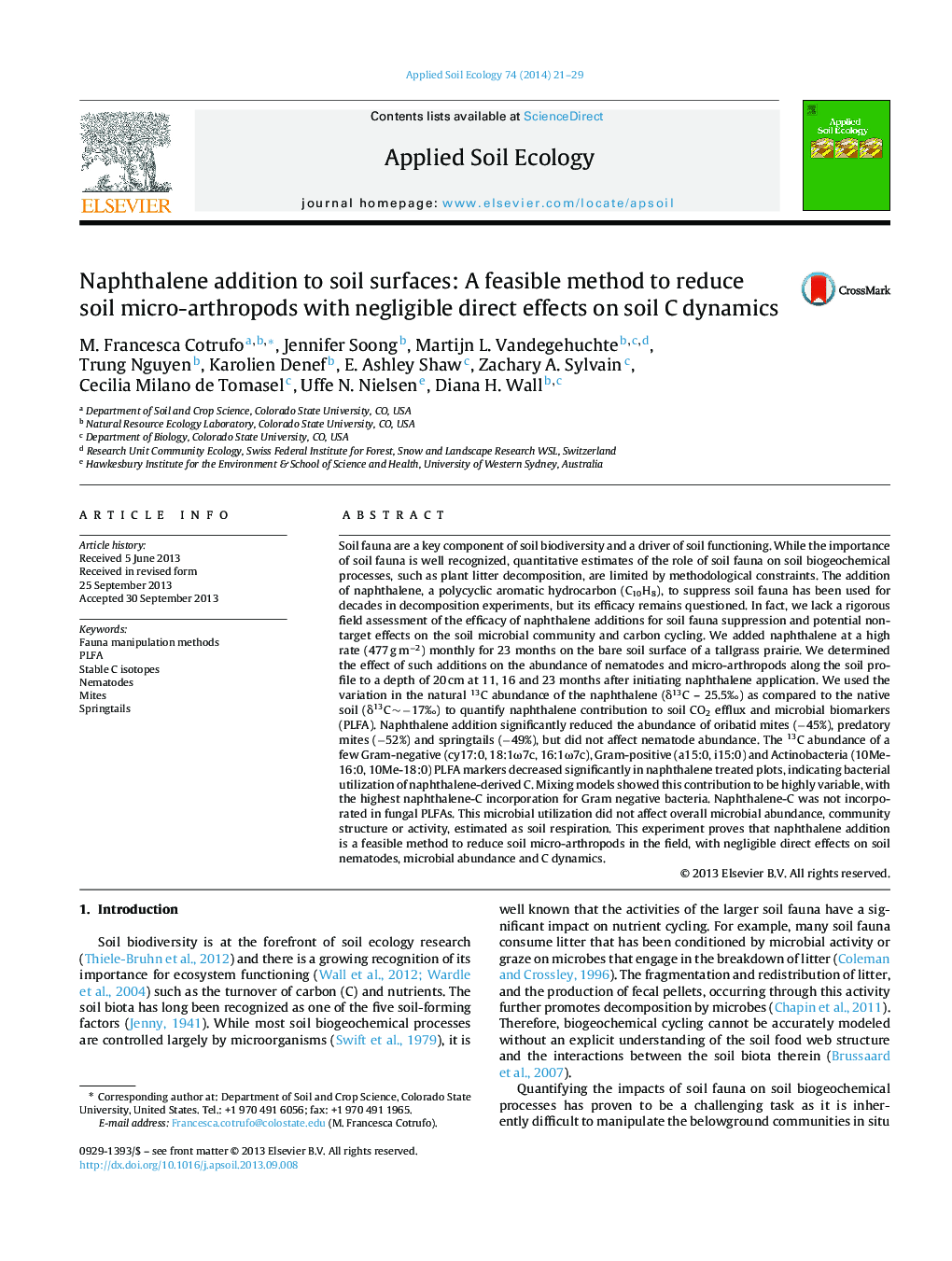 Naphthalene addition to soil surfaces: A feasible method to reduce soil micro-arthropods with negligible direct effects on soil C dynamics