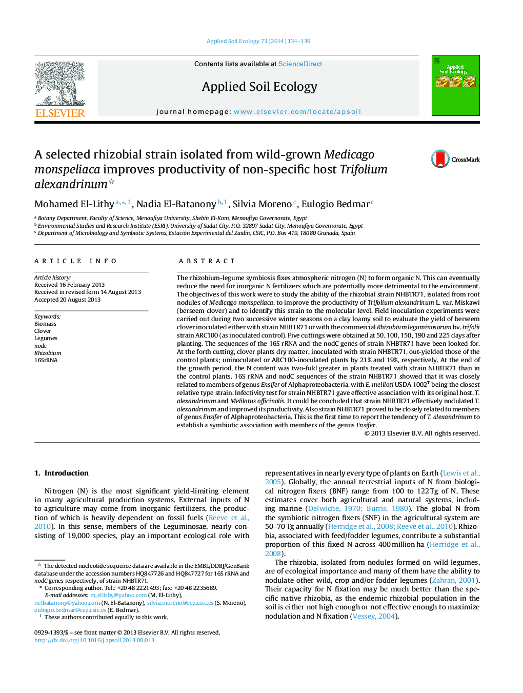 A selected rhizobial strain isolated from wild-grown Medicago monspeliaca improves productivity of non-specific host Trifolium alexandrinum