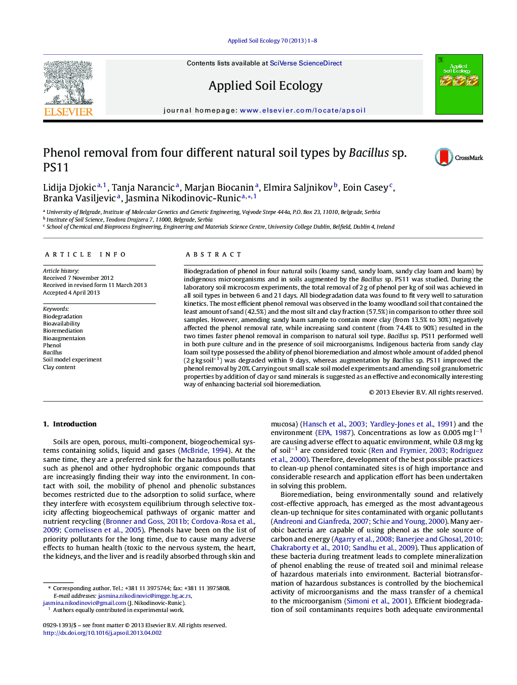 Phenol removal from four different natural soil types by Bacillus sp. PS11