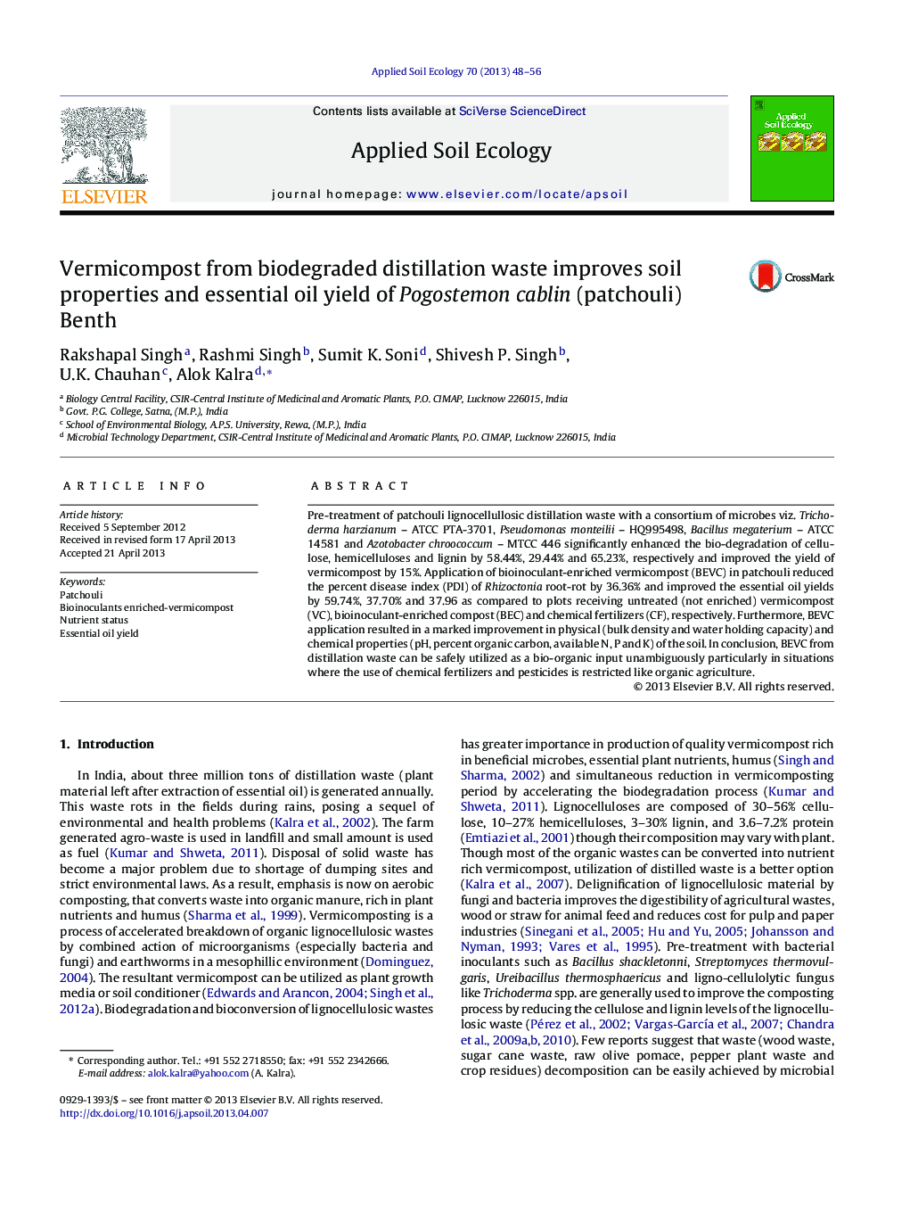 Vermicompost from biodegraded distillation waste improves soil properties and essential oil yield of Pogostemon cablin (patchouli) Benth