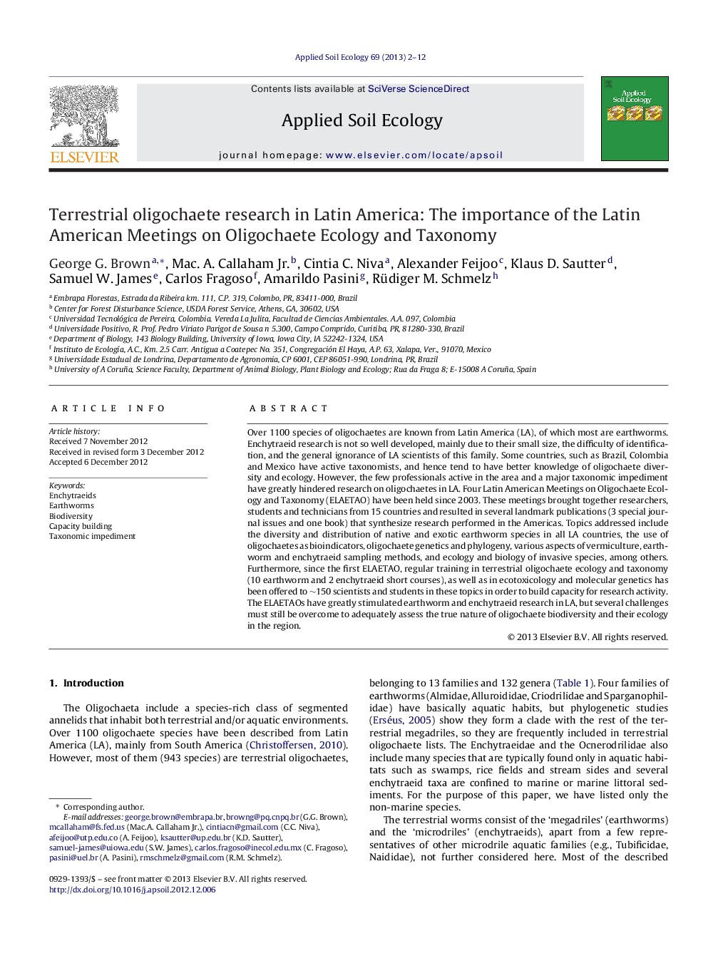 Terrestrial oligochaete research in Latin America: The importance of the Latin American Meetings on Oligochaete Ecology and Taxonomy