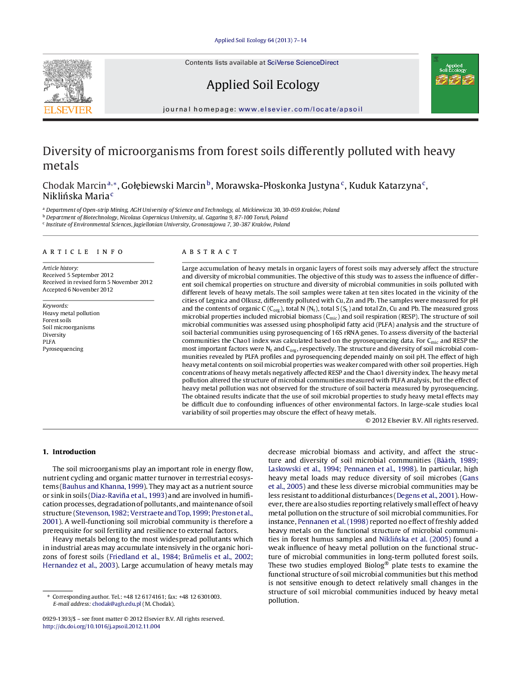 Diversity of microorganisms from forest soils differently polluted with heavy metals