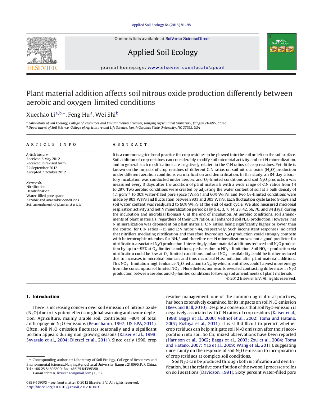 Plant material addition affects soil nitrous oxide production differently between aerobic and oxygen-limited conditions