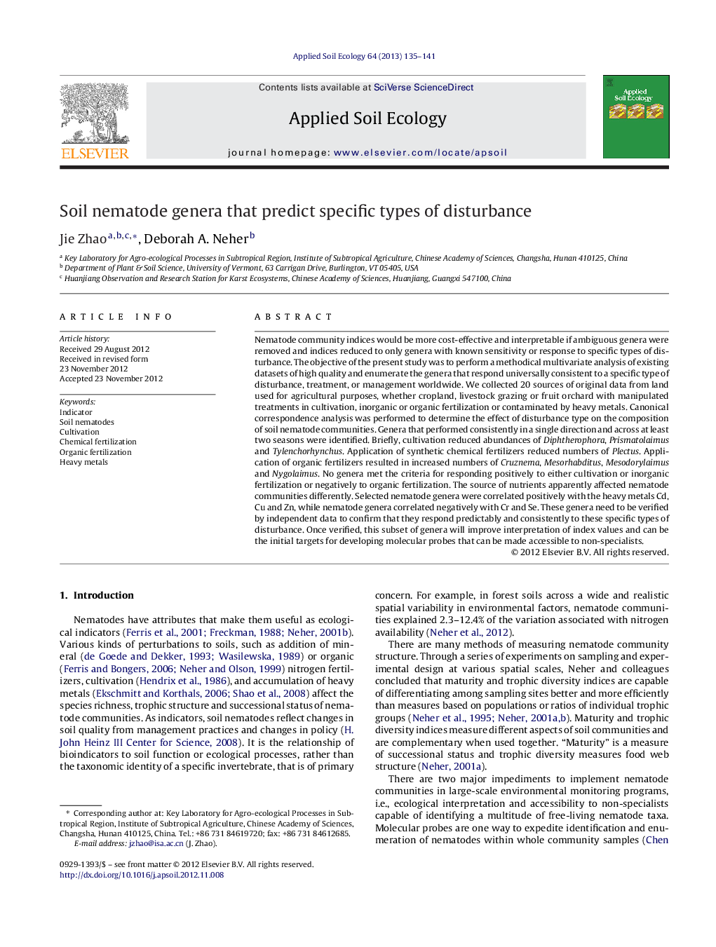 Soil nematode genera that predict specific types of disturbance