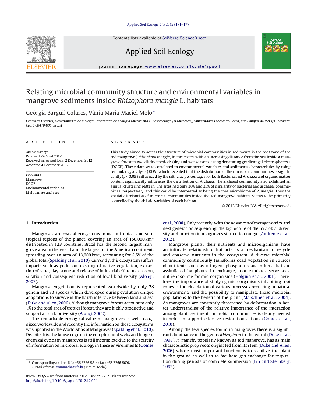 Relating microbial community structure and environmental variables in mangrove sediments inside Rhizophora mangle L. habitats