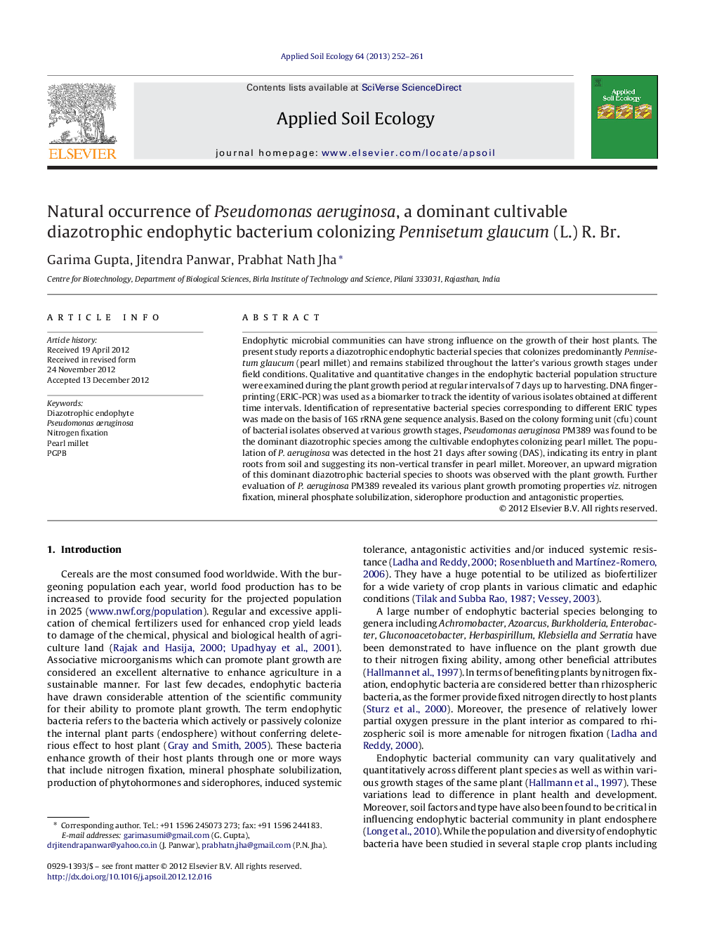 Natural occurrence of Pseudomonas aeruginosa, a dominant cultivable diazotrophic endophytic bacterium colonizing Pennisetum glaucum (L.) R. Br.