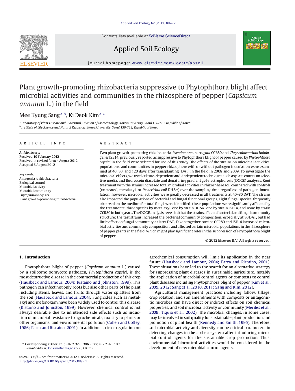 Plant growth-promoting rhizobacteria suppressive to Phytophthora blight affect microbial activities and communities in the rhizosphere of pepper (Capsicum annuum L.) in the field