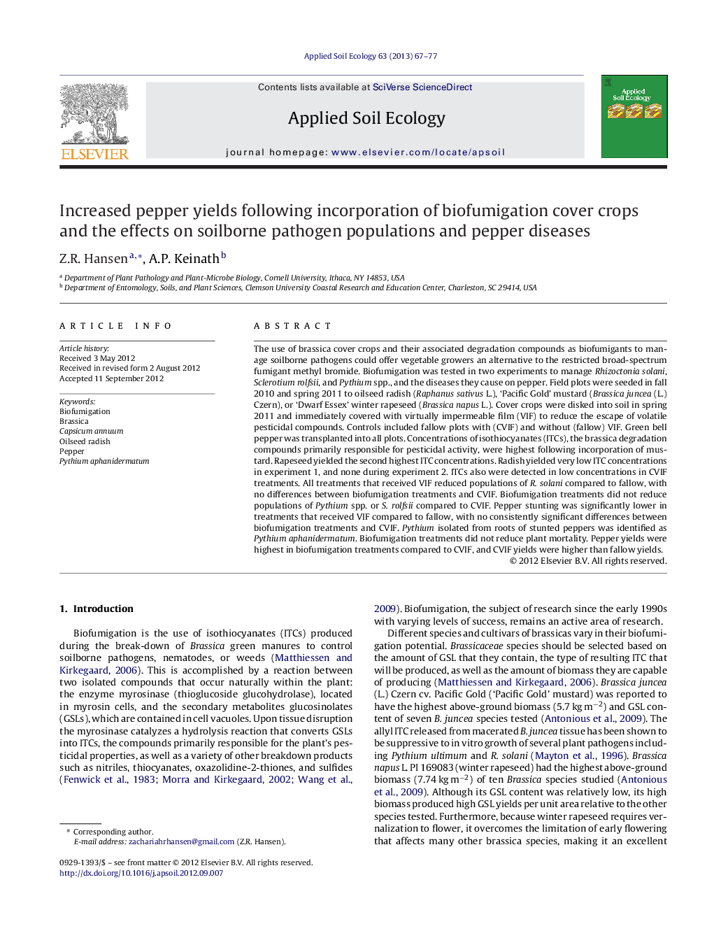 Increased pepper yields following incorporation of biofumigation cover crops and the effects on soilborne pathogen populations and pepper diseases