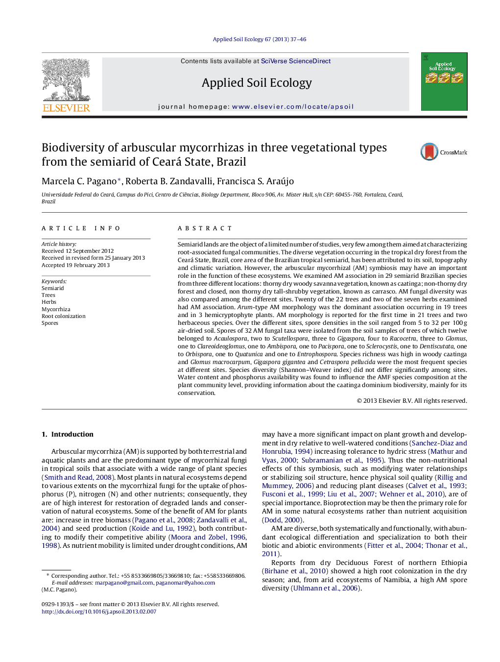 Biodiversity of arbuscular mycorrhizas in three vegetational types from the semiarid of Ceará State, Brazil