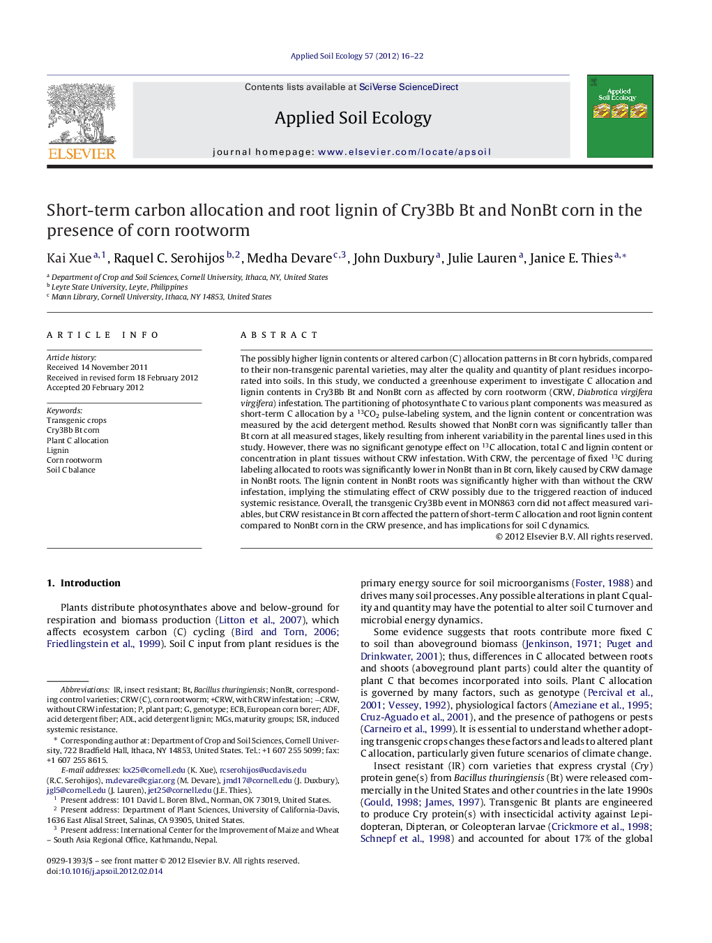 Short-term carbon allocation and root lignin of Cry3Bb Bt and NonBt corn in the presence of corn rootworm