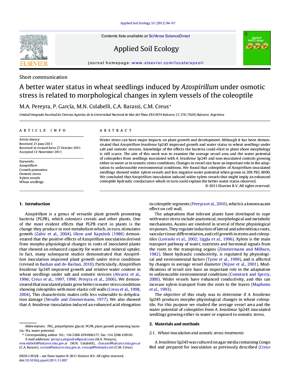 A better water status in wheat seedlings induced by Azospirillum under osmotic stress is related to morphological changes in xylem vessels of the coleoptile