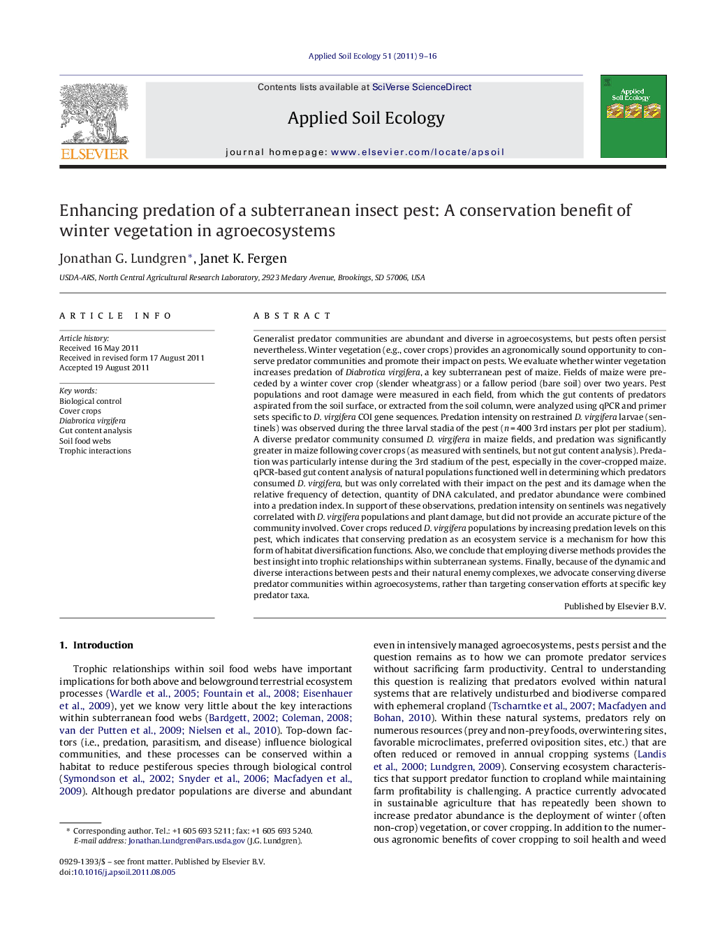 Enhancing predation of a subterranean insect pest: A conservation benefit of winter vegetation in agroecosystems