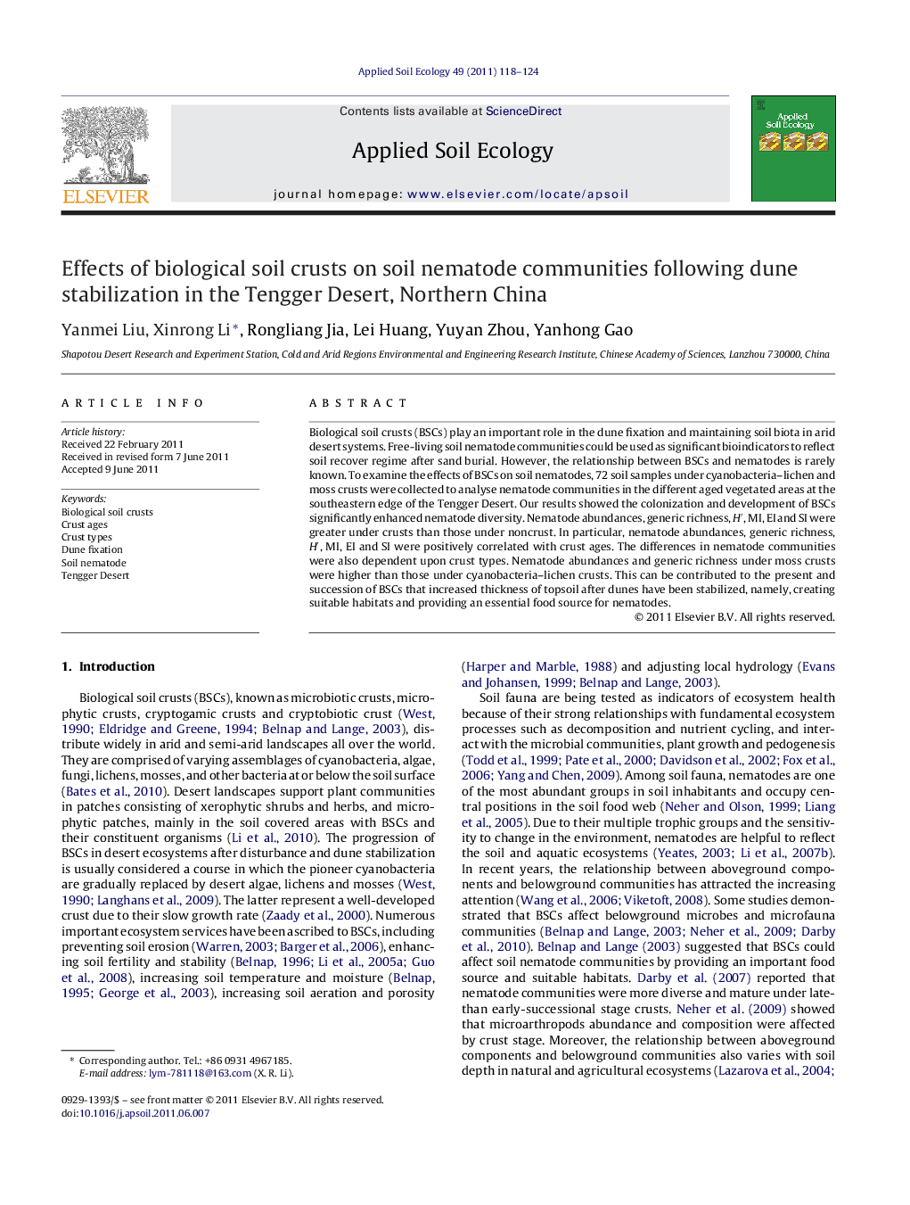 Effects of biological soil crusts on soil nematode communities following dune stabilization in the Tengger Desert, Northern China