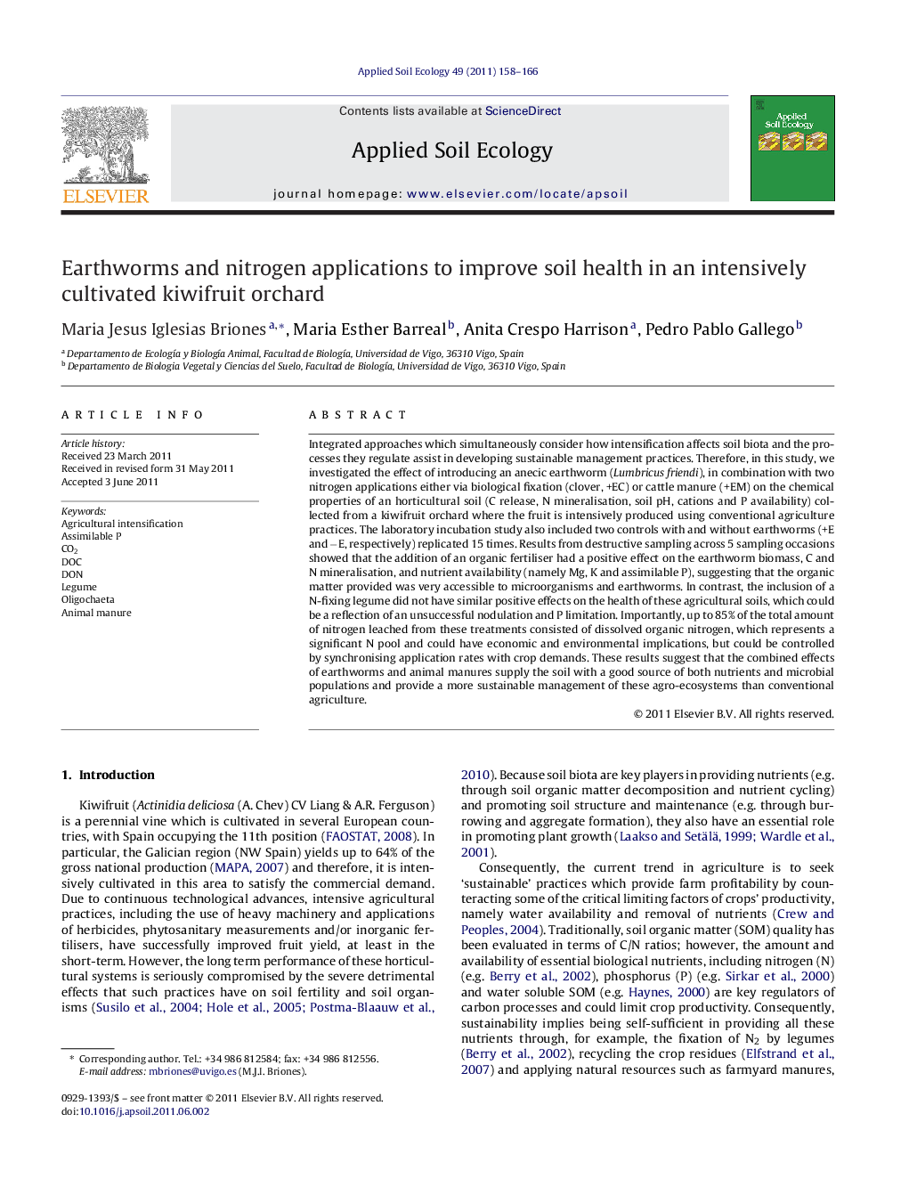 Earthworms and nitrogen applications to improve soil health in an intensively cultivated kiwifruit orchard