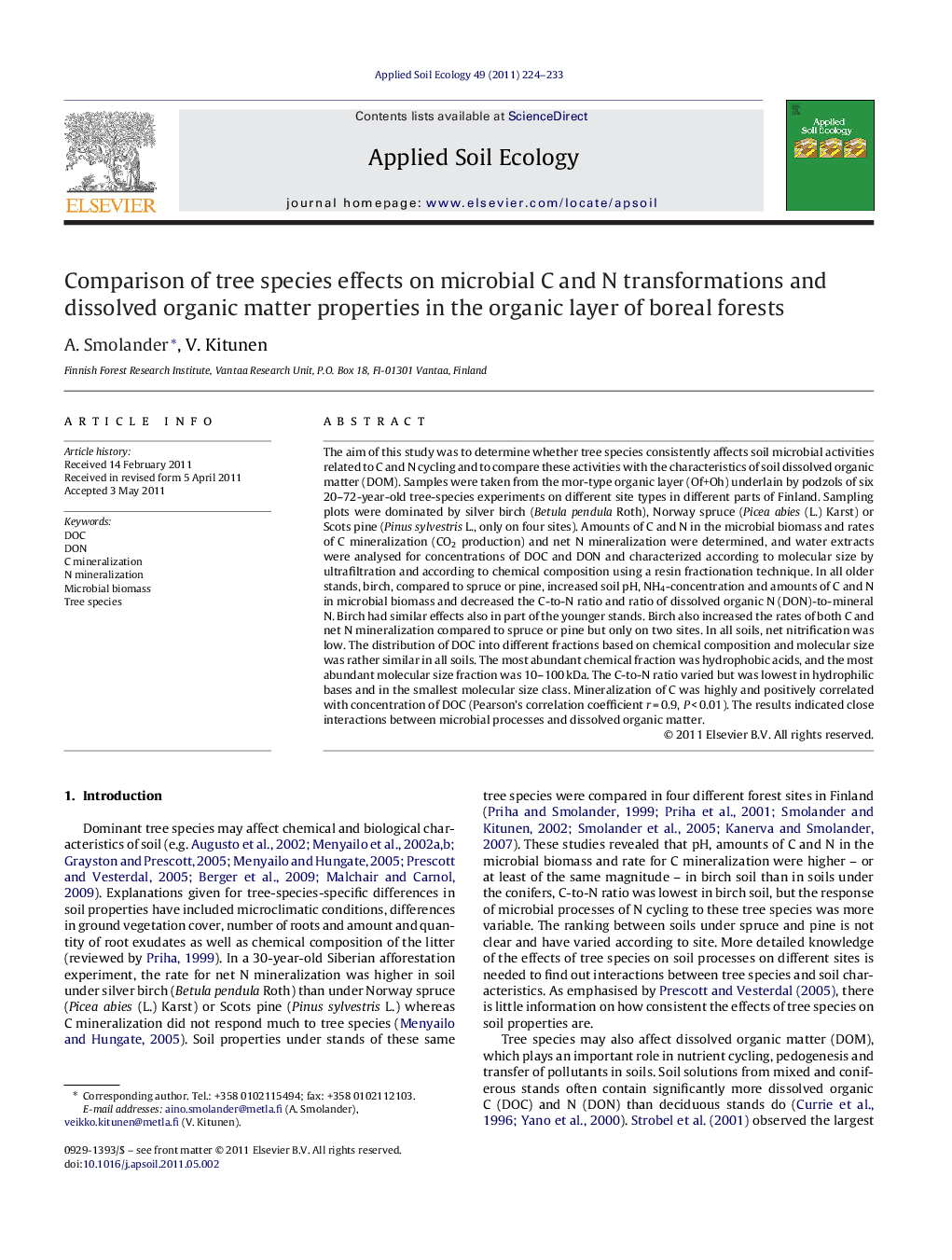 Comparison of tree species effects on microbial C and N transformations and dissolved organic matter properties in the organic layer of boreal forests