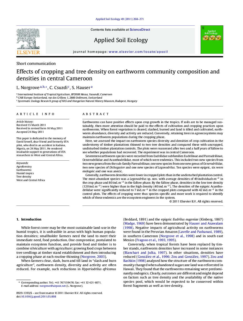 Effects of cropping and tree density on earthworm community composition and densities in central Cameroon